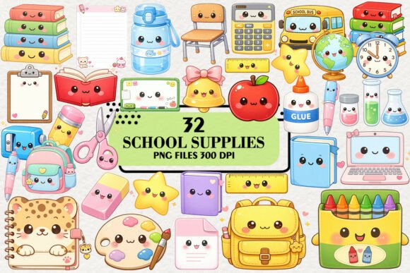 Download Kawaii School Supplies Clipart Bundle - School supplies Collection